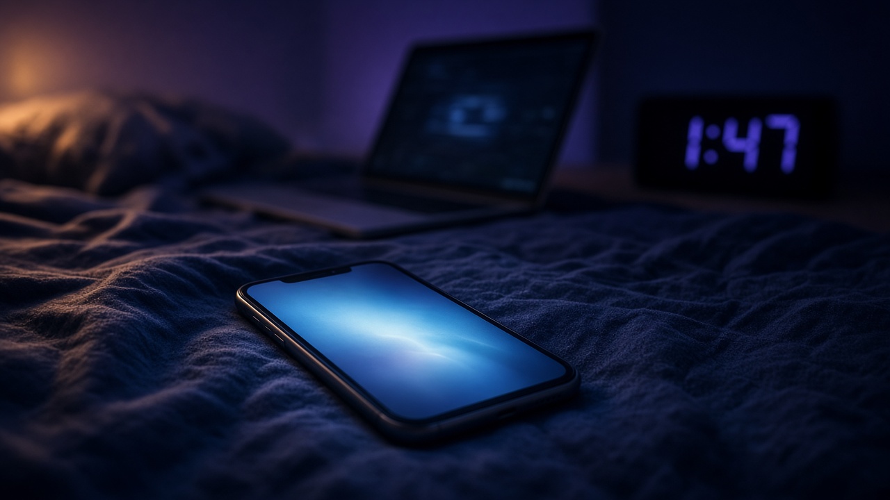 A phone lit up in bed at 1:47 a.m., a laptop open nearby